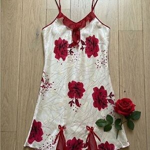 Floral Satin Nightgown - Red and Cream